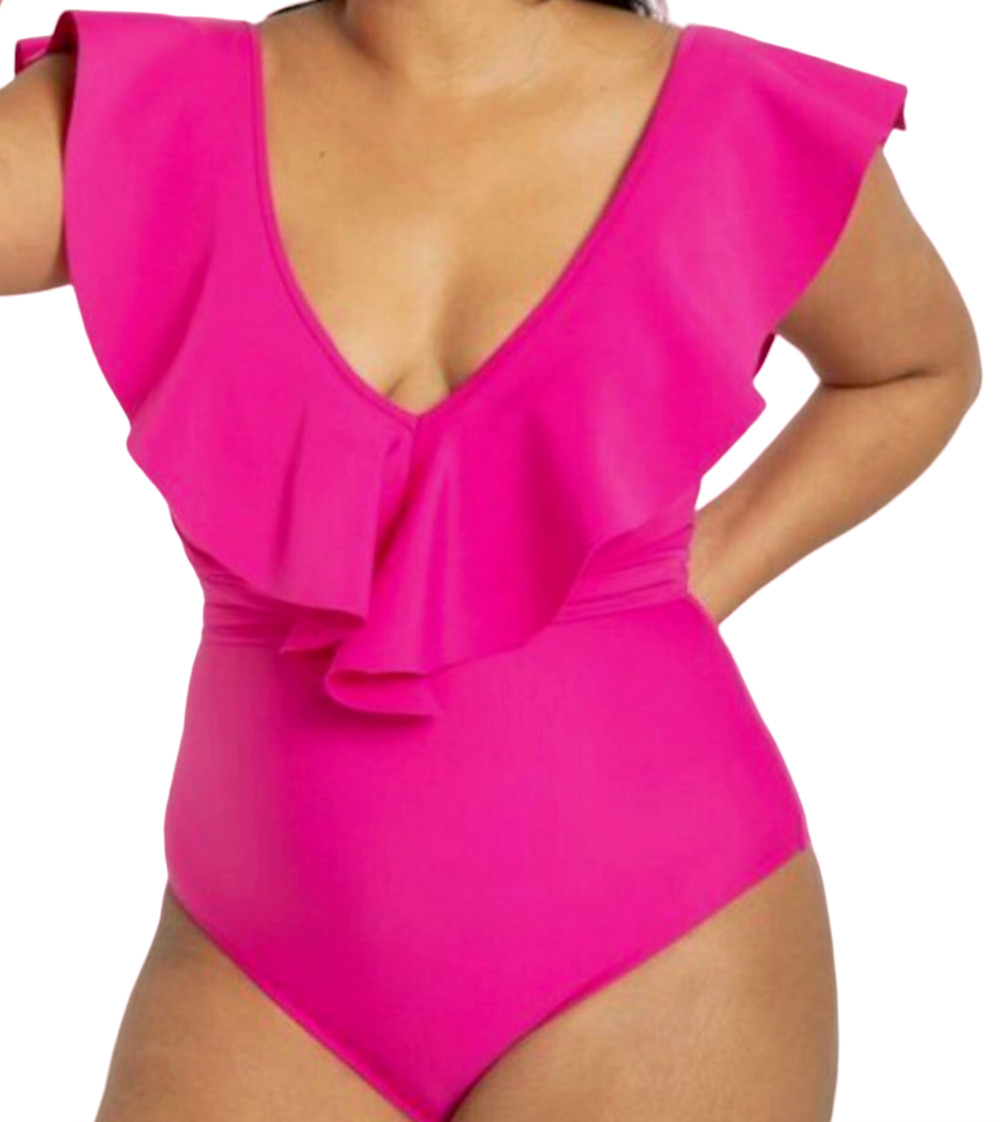 NEW ELOQUII FUCHSIA FEDORA PINK RUFFLE SHOULDER WITH BELT ONE PIECE SWIMSUIT 28